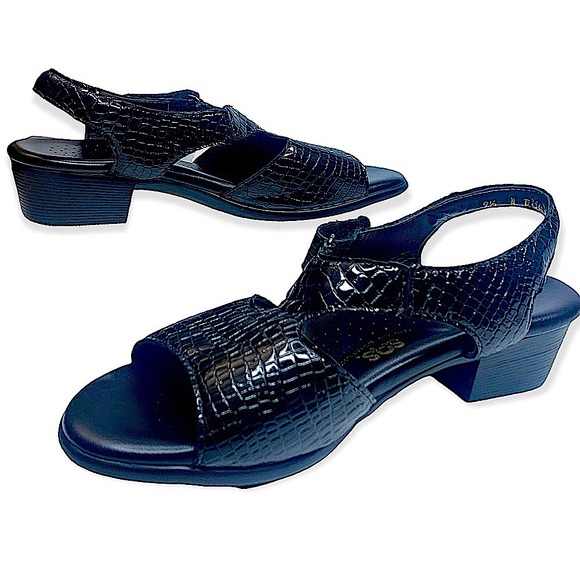 NEW! SAS Suntimer Black Croc Embossed Leather Tripad Sandals Sz 9.5-N - Picture 2 of 12
